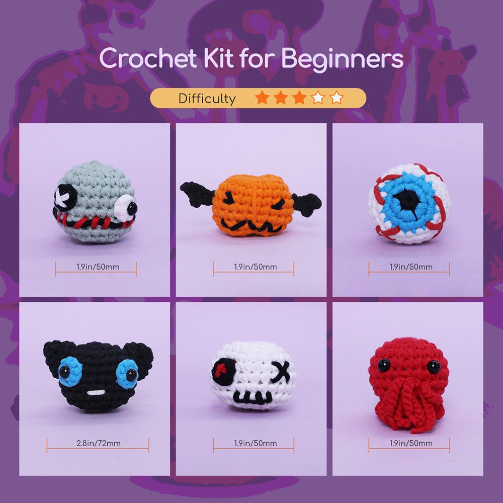 Kit de ganchillo de Halloween NestledCrafts para principiantes, kit de tejido de amigurumi, con tutoriales en vídeo paso a paso - SpookBuds