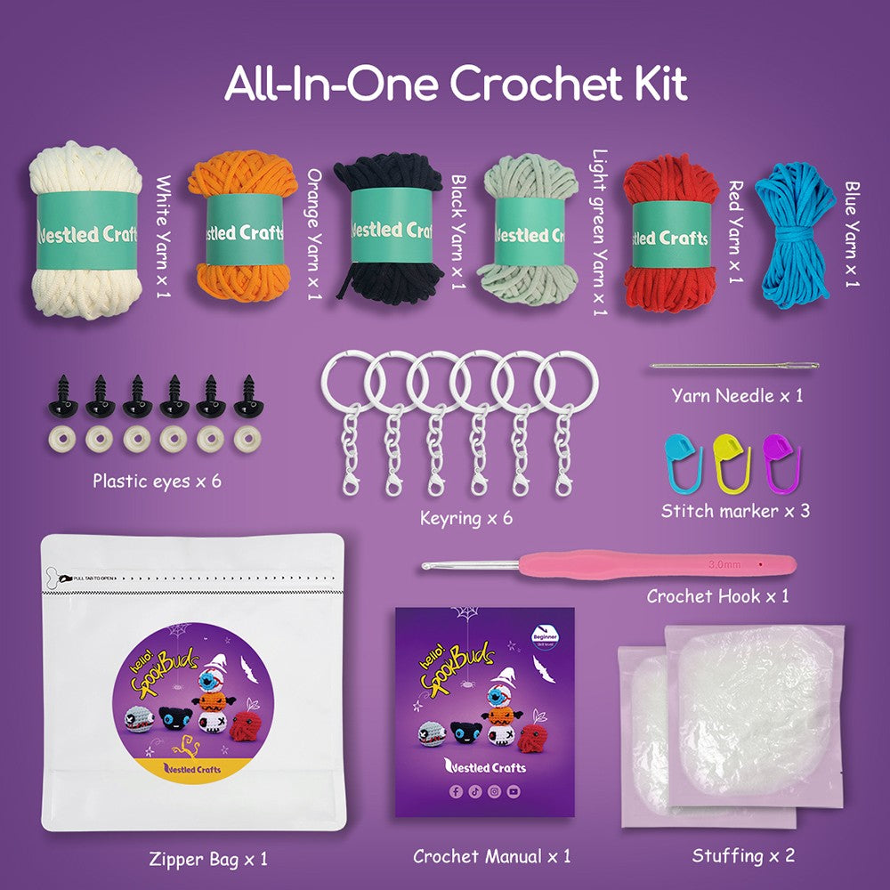 Kit de ganchillo de Halloween NestledCrafts para principiantes, kit de tejido de amigurumi, con tutoriales en vídeo paso a paso - SpookBuds
