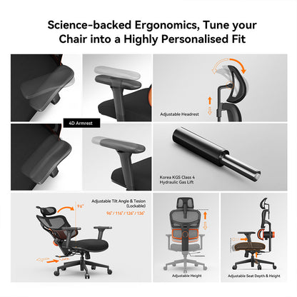 NEWTRAL NT001 Ergonomic Chair Adaptive Lower Back Support 3 Recline Angle Adjustable Backrest Armrest Headrest 5 Positions to Lock Nylon Base - Standard Version