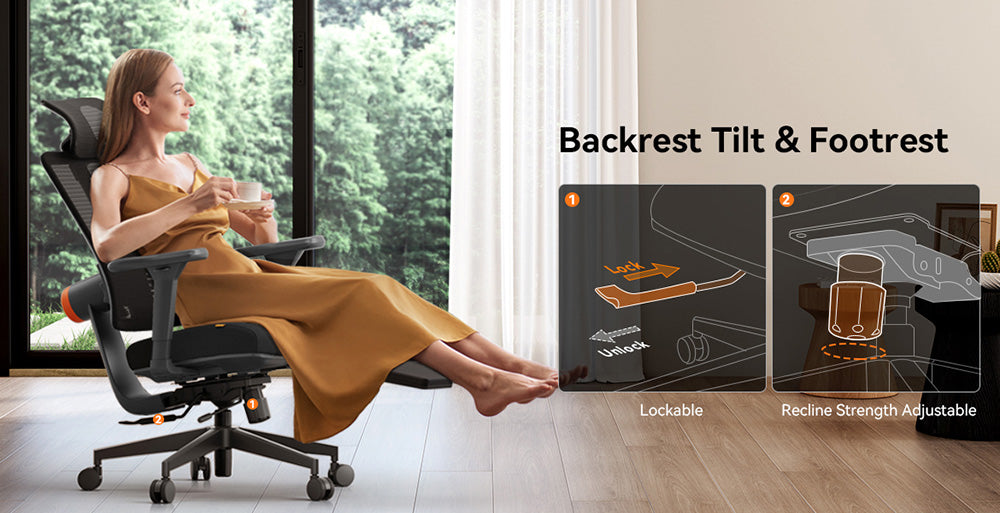 Silla ergonómica NEWTRAL MagicH-BP con reposapiés, respaldo de autoajuste, soporte lumbar adaptable, reposabrazos y reposacabezas ajustables, 4 posiciones de bloqueo - Negro