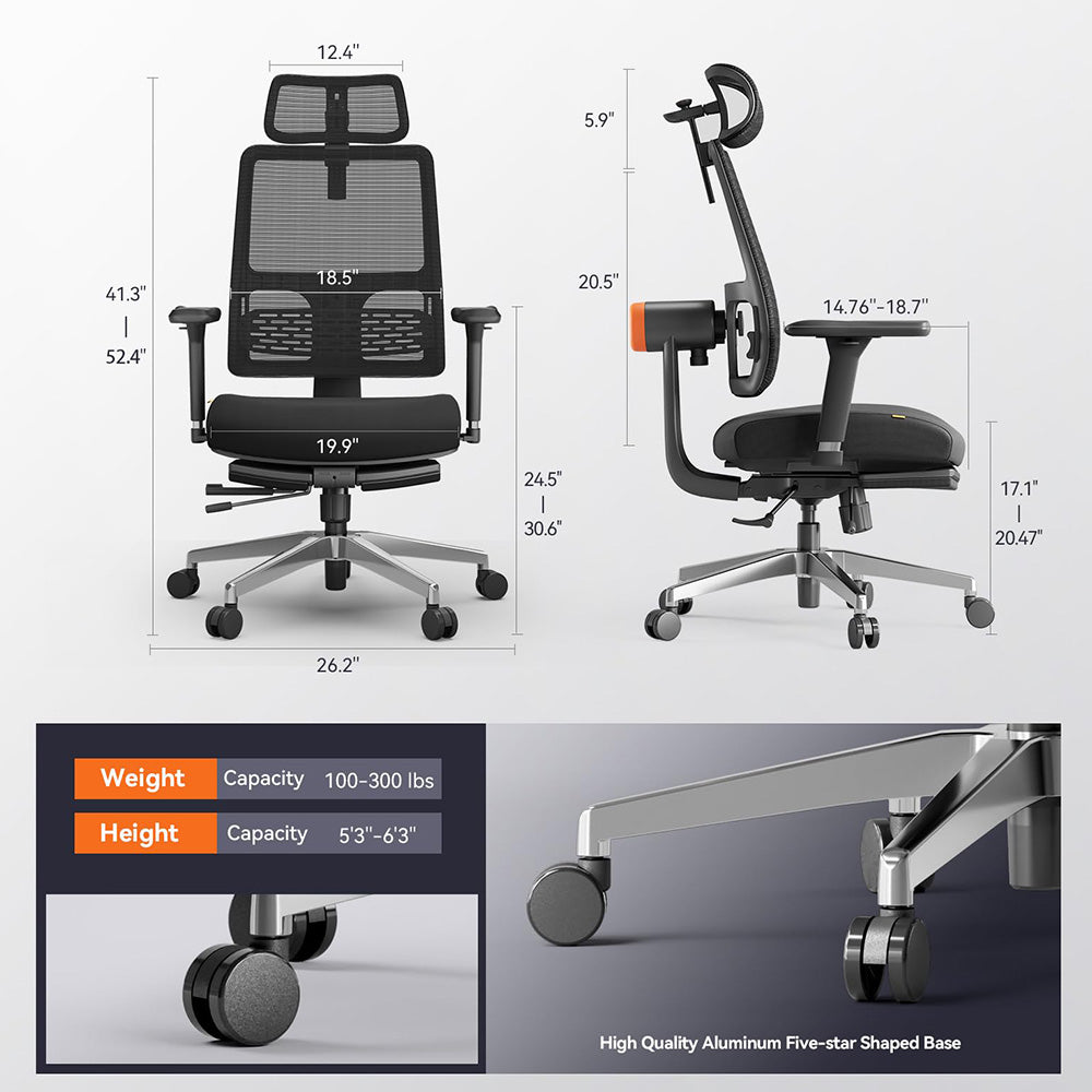 Silla ergonómica NEWTRAL MagicH-BPro con reposapiés, respaldo y reposacabezas de seguimiento automático, soporte lumbar adaptable, reposabrazos ajustables, 4 posiciones de bloqueo - Negro
