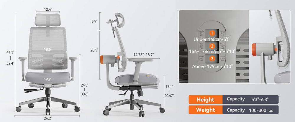 Silla ergonómica NEWTRAL MagicH-GPRO con reposapiés, respaldo y reposacabezas de seguimiento automático, soporte lumbar adaptable, reposabrazos ajustables, 4 posiciones de bloqueo - Gris