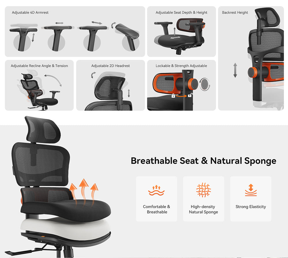 NEWTRAL NT001 Silla Ergonómica con Soporte Lumbar Adaptable, 3 Ángulos de Reclinación, Respaldo Ajustable, Reposabrazos, Reposacabezas, 5 Posiciones de Bloqueo, Base de Nylon - Versión Estándar