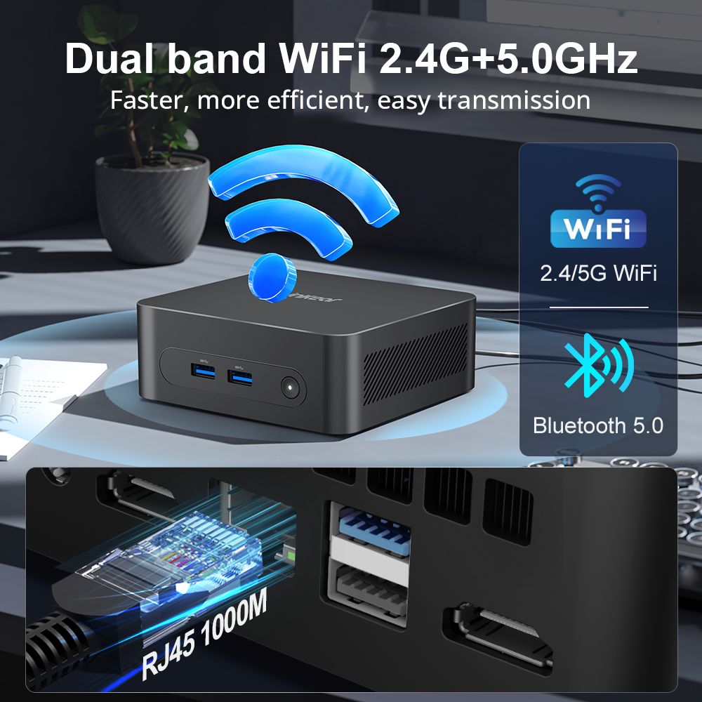 Ninkear N10 Mini PC, Intel N100 4 Cores Max 3.4GHz, 16GB RAM 512GB SSD, 2*HDMI 2.0 (4K@60Hz) Dual Display, 2.4/5GHz WiFi Bluetooth 5.0, 3*USB 3.0 1*USB 2.0 1*RJ45 1*Headphone Jack