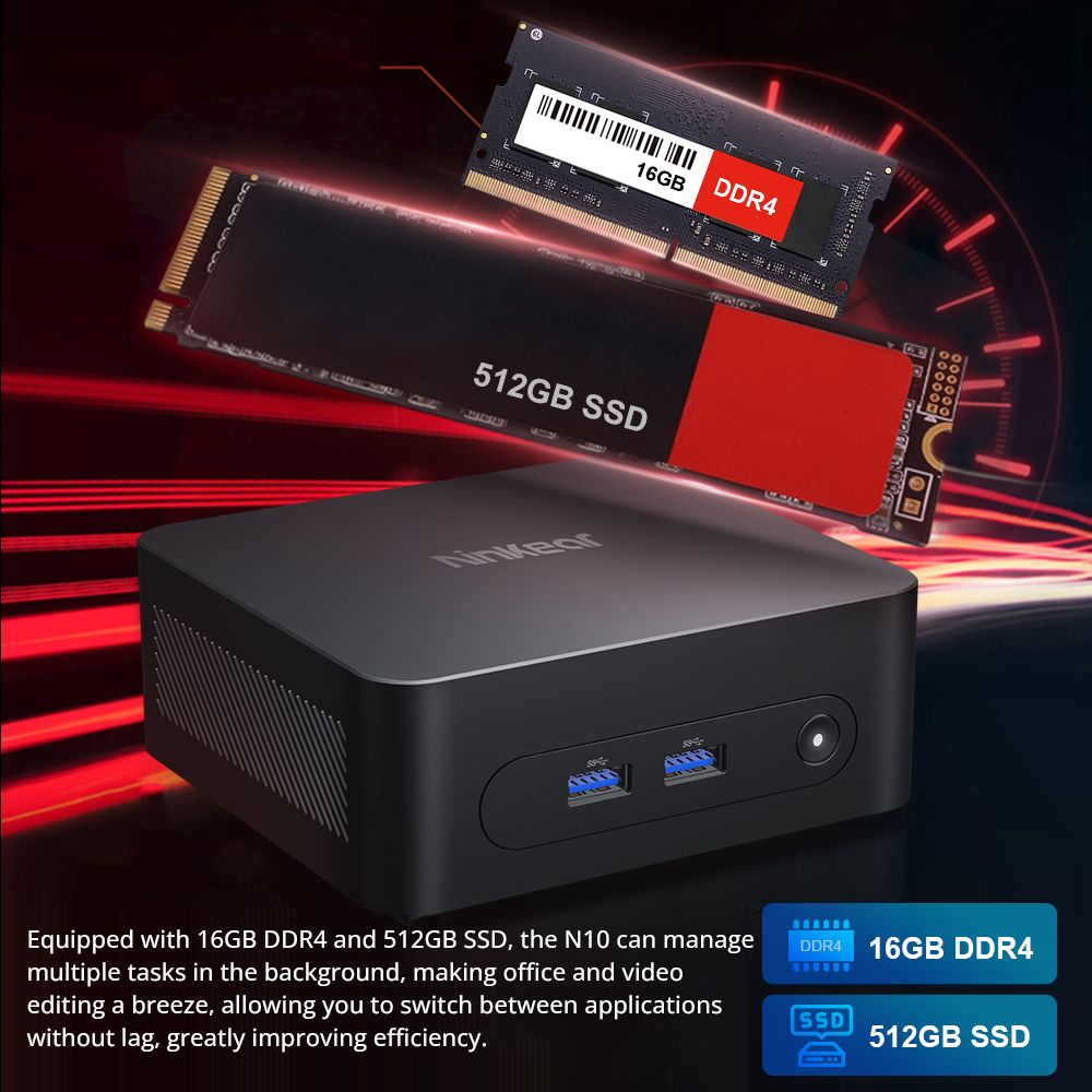Ninkear N10 Mini PC, Intel N100 4 Cores Max 3.4GHz, 16GB RAM 512GB SSD, 2*HDMI 2.0 (4K@60Hz) Dual Display, 2.4/5GHz WiFi Bluetooth 5.0, 3*USB 3.0 1*USB 2.0 1*RJ45 1*Headphone Jack