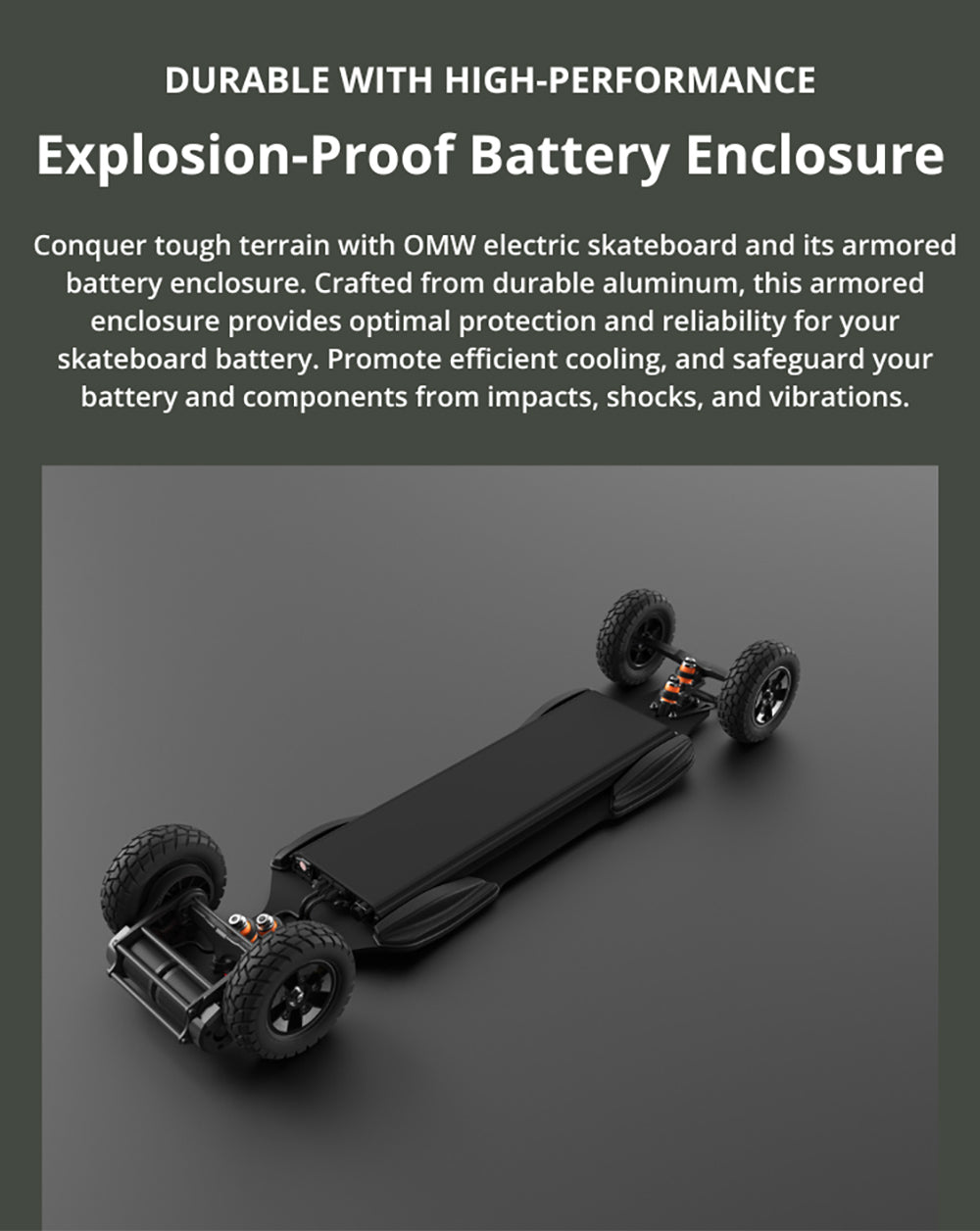 Monopatín eléctrico OMW Cavalry, potencia máxima de 3500 W, batería de 43,2 V y 20 Ah, velocidad máxima de 37 mph (59,5 km/h), autonomía de 34 millas (54,7 km).