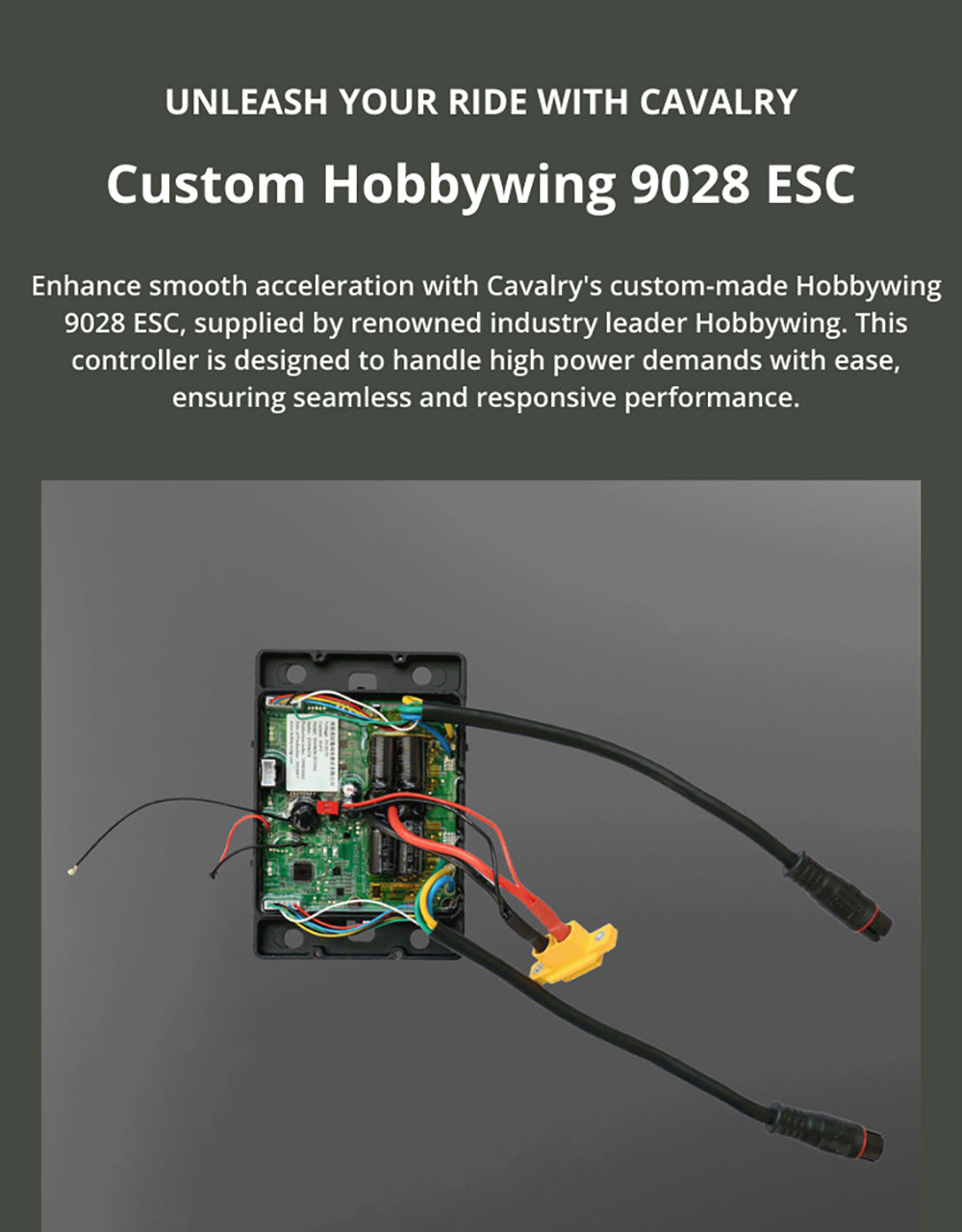 Monopatín eléctrico OMW Cavalry, potencia máxima de 3500 W, batería de 43,2 V y 20 Ah, velocidad máxima de 37 mph (59,5 km/h), autonomía de 34 millas (54,7 km).
