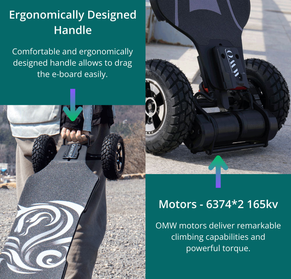 Monopatín eléctrico OMW Cavalry, potencia máxima de 3500 W, batería de 43,2 V y 20 Ah, velocidad máxima de 37 mph (59,5 km/h), autonomía de 34 millas (54,7 km).