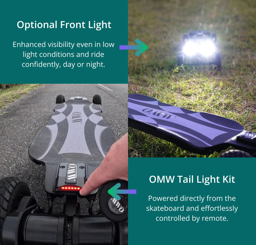 Monopatín eléctrico OMW Cavalry, potencia máxima de 3500 W, batería de 43,2 V y 20 Ah, velocidad máxima de 37 mph (59,5 km/h), autonomía de 34 millas (54,7 km).