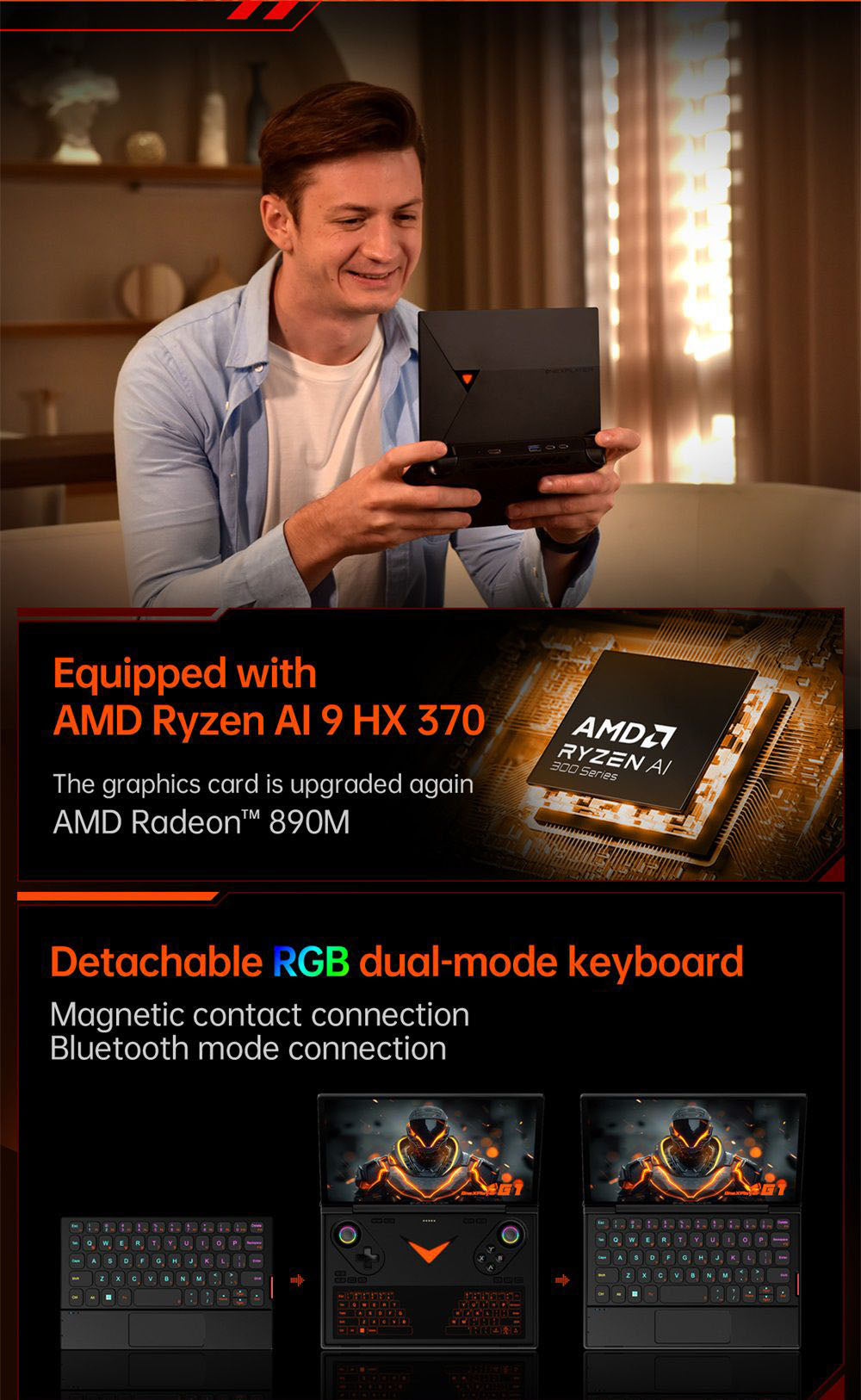 One Netbook OneXPlayer G1 Handheld Gaming PC, AMD Ryzen AI 9 HX 370 12 Cores Max 5.1GHz, 8.8'' 2560*1600 144Hz Screen, 64GB LPDDR5X 7500MHz RAM 4TB SSD, WiFi 6E, 2*USB-C, 1*USB3.2, 1*TF Card, 1* Oculink, 1*3.5mm Audio, Fingerprint Unlock - EU Plug