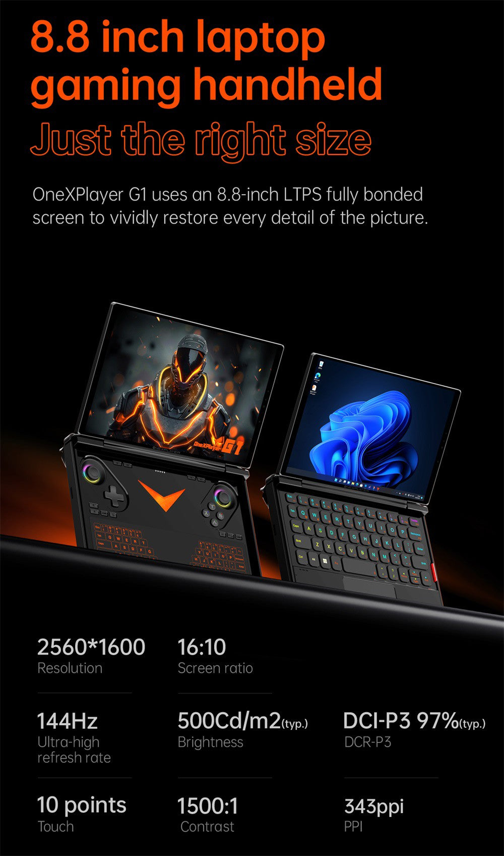 One Netbook OneXPlayer G1 Handheld Gaming PC, AMD Ryzen AI 9 HX 370 12 Cores Max 5.1GHz, 8.8'' 2560*1600 144Hz Screen, 64GB LPDDR5X 7500MHz RAM 4TB SSD, WiFi 6E, 2*USB-C, 1*USB3.2, 1*TF Card, 1* Oculink, 1*3.5mm Audio, Fingerprint Unlock - EU Plug