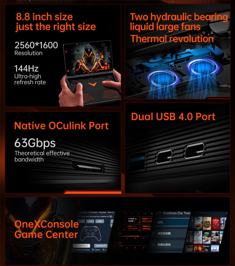 One Netbook OneXPlayer G1 Handheld Gaming PC, AMD Ryzen AI 9 HX 370 12 Cores Max 5.1GHz, 8.8'' 2560*1600 144Hz Screen, 64GB LPDDR5X 7500MHz RAM 4TB SSD, WiFi 6E, 2*USB-C, 1*USB3.2, 1*TF Card, 1* Oculink, 1*3.5mm Audio, Fingerprint Unlock - EU Plug