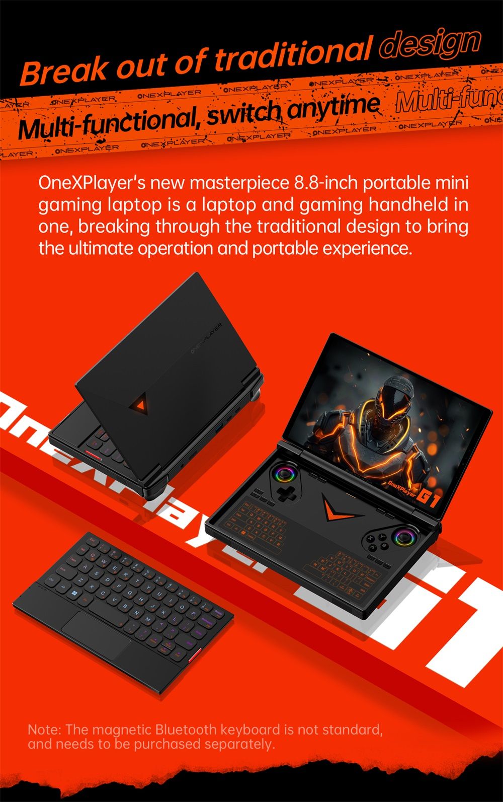 One Netbook OneXPlayer G1 Handheld Gaming PC, AMD Ryzen AI 9 HX 370 12 Cores Max 5.1GHz, 8.8'' 2560*1600 144Hz Screen, 64GB LPDDR5X 7500MHz RAM 4TB SSD, WiFi 6E, 2*USB-C, 1*USB3.2, 1*TF Card, 1* Oculink, 1*3.5mm Audio, Fingerprint Unlock - EU Plug