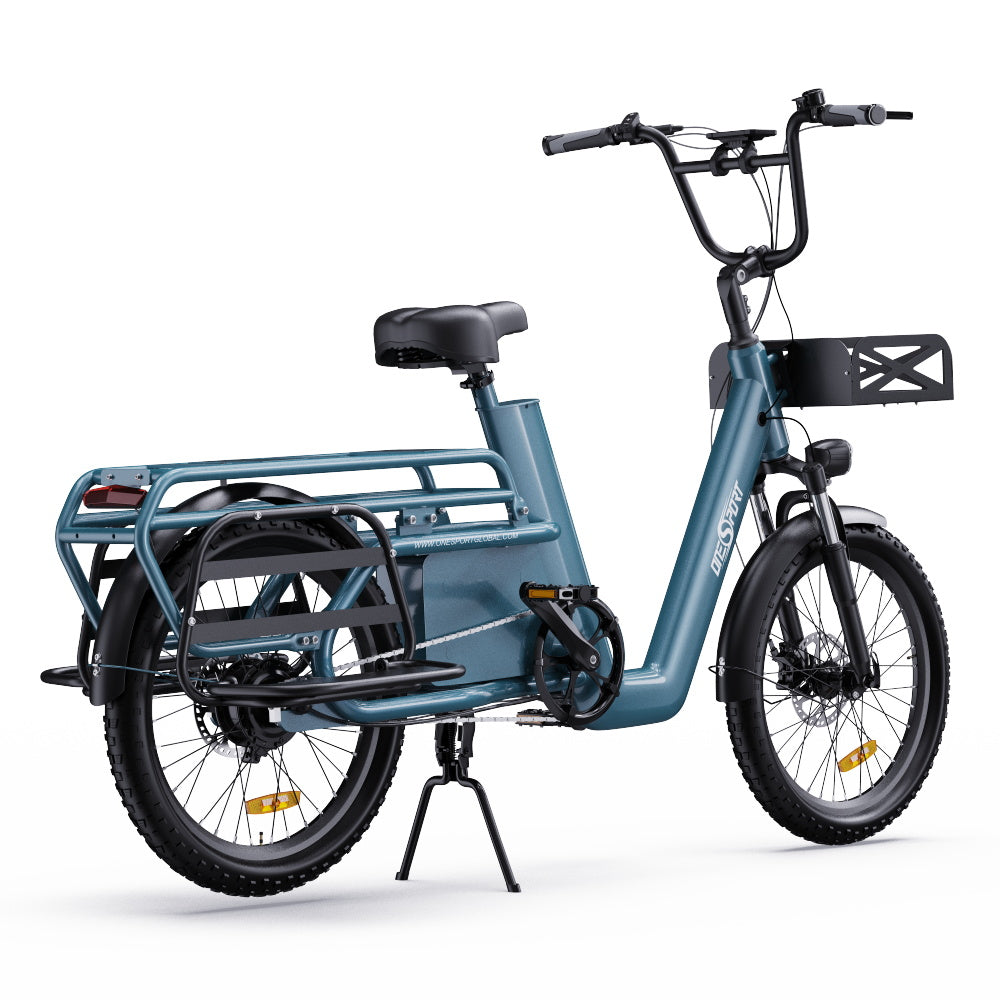 ONESPORT OT01 Electric Cargo Bike, 650W Motor, 48V 27Ah Battery, 20*2.6-inch Tire, 25km/h Max Speed, 100km Max Range, Hydraulic Disc Brakes, Front Suspension Fork - Blue