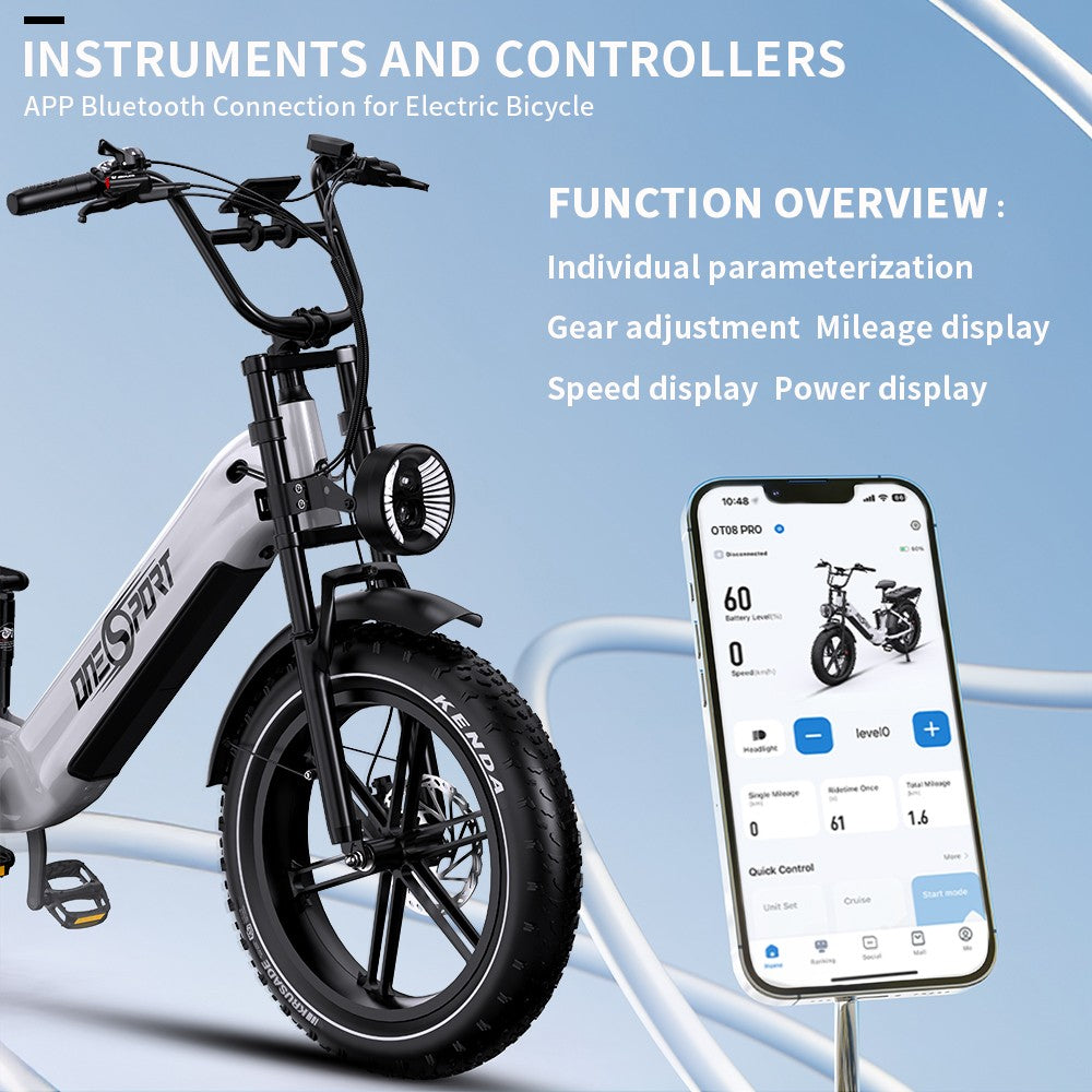ONESPORT OT08 Pro Elektrofahrrad, 500-W-Motor, 2 x 48-V-18-Ah-Akku, 20 x 4,0-Zoll-Reifen, 25 km/h Höchstgeschwindigkeit, 190 km maximale Reichweite, Öldruck-Scheibenbremsen vorne und hinten, Federgabel, Shimano 7-Gang-Schaltung – Weiß
