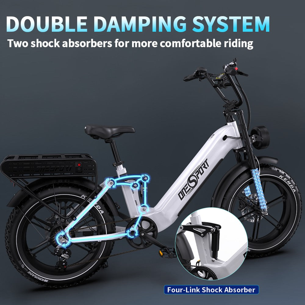 ONESPORT OT08 Pro Elektrofahrrad, 500-W-Motor, 2 x 48-V-18-Ah-Akku, 20 x 4,0-Zoll-Reifen, 25 km/h Höchstgeschwindigkeit, 190 km maximale Reichweite, Öldruck-Scheibenbremsen vorne und hinten, Federgabel, Shimano 7-Gang-Schaltung – Weiß