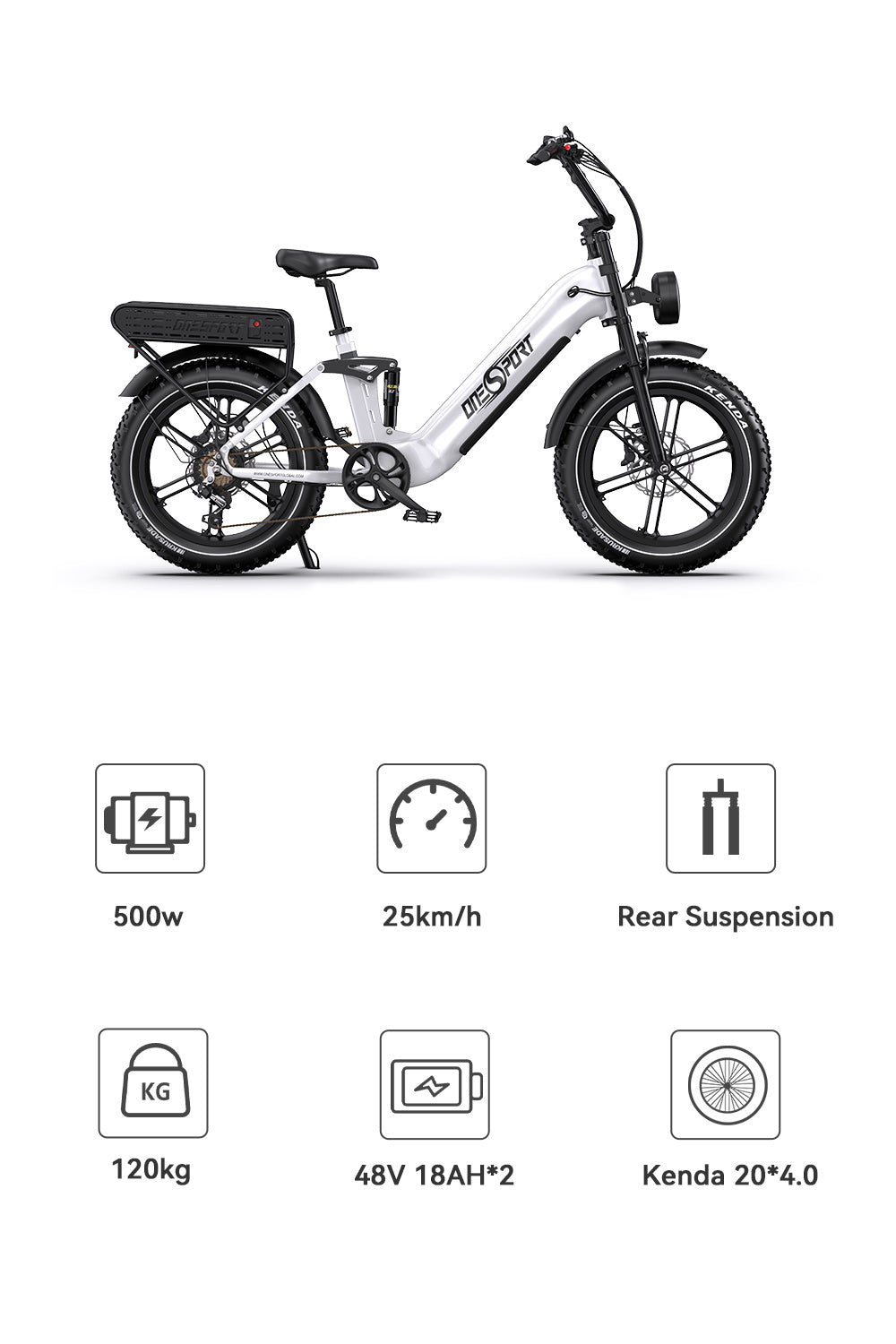 ONESPORT OT08 Pro Elektrofahrrad, 500-W-Motor, 2 x 48-V-18-Ah-Akku, 20 x 4,0-Zoll-Reifen, 25 km/h Höchstgeschwindigkeit, 190 km maximale Reichweite, Öldruck-Scheibenbremsen vorne und hinten, Federgabel, Shimano 7-Gang-Schaltung – Weiß
