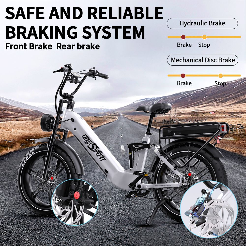 ONESPORT OT08 Pro Elektrofahrrad, 500-W-Motor, 2 x 48-V-18-Ah-Akku, 20 x 4,0-Zoll-Reifen, 25 km/h Höchstgeschwindigkeit, 190 km maximale Reichweite, Öldruck-Scheibenbremsen vorne und hinten, Federgabel, Shimano 7-Gang-Schaltung – Weiß