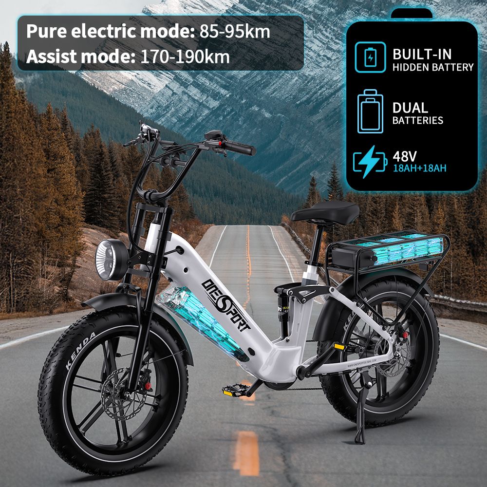 ONESPORT OT08 Pro Elektrofahrrad, 500-W-Motor, 2 x 48-V-18-Ah-Akku, 20 x 4,0-Zoll-Reifen, 25 km/h Höchstgeschwindigkeit, 190 km maximale Reichweite, Öldruck-Scheibenbremsen vorne und hinten, Federgabel, Shimano 7-Gang-Schaltung – Weiß