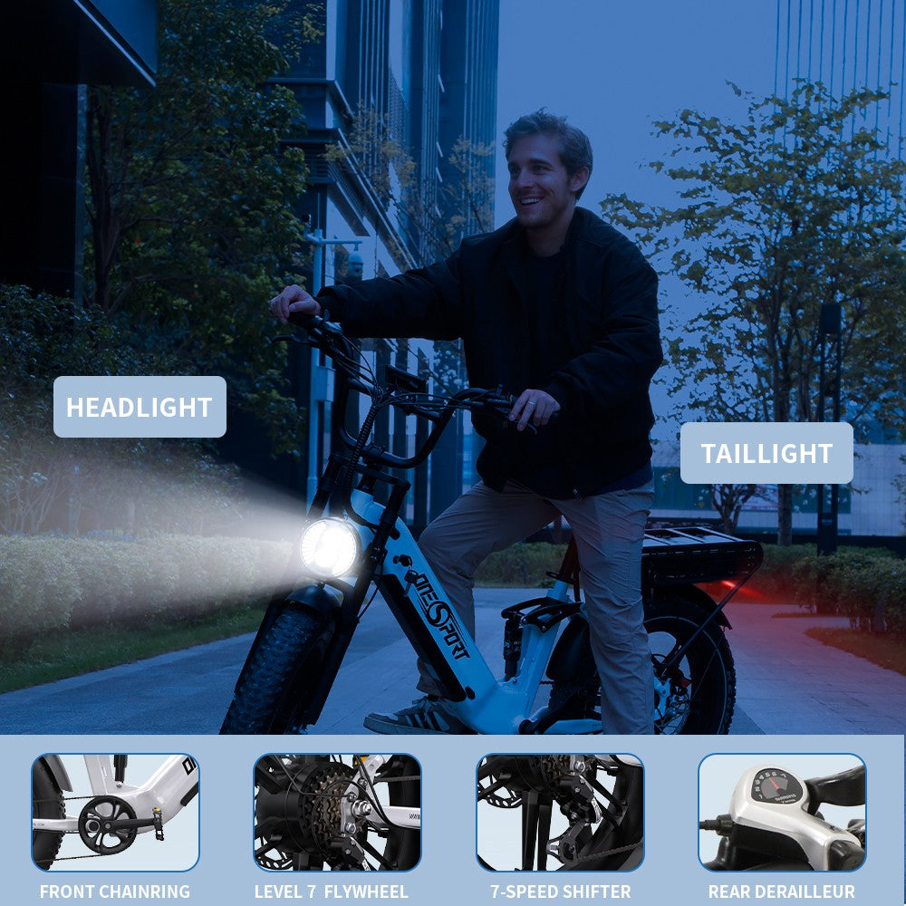 ONESPORT OT08 Pro Elektrofahrrad, 500-W-Motor, 2 x 48-V-18-Ah-Akku, 20 x 4,0-Zoll-Reifen, 25 km/h Höchstgeschwindigkeit, 190 km maximale Reichweite, Öldruck-Scheibenbremsen vorne und hinten, Federgabel, Shimano 7-Gang-Schaltung – Weiß