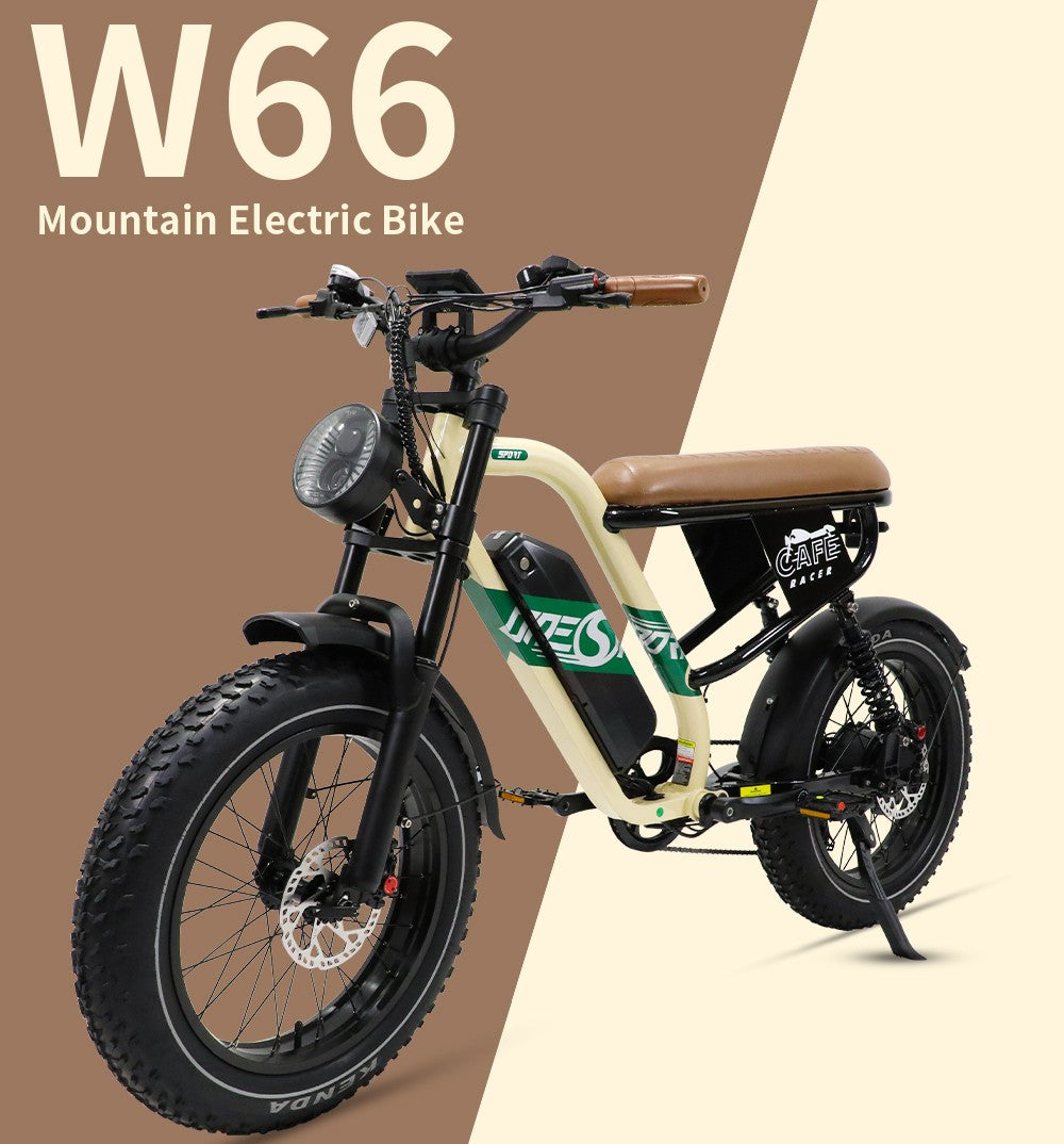 Bicicleta eléctrica ONESPORT W66, motor de 500 W, batería de 48 V y 13,5 Ah, neumáticos de 20 x 4,0 pulgadas, velocidad máxima de 25 km/h, autonomía de 100 km, frenos de disco hidráulicos delanteros y traseros, horquilla delantera con amortiguación, transmisión de 7 velocidades.