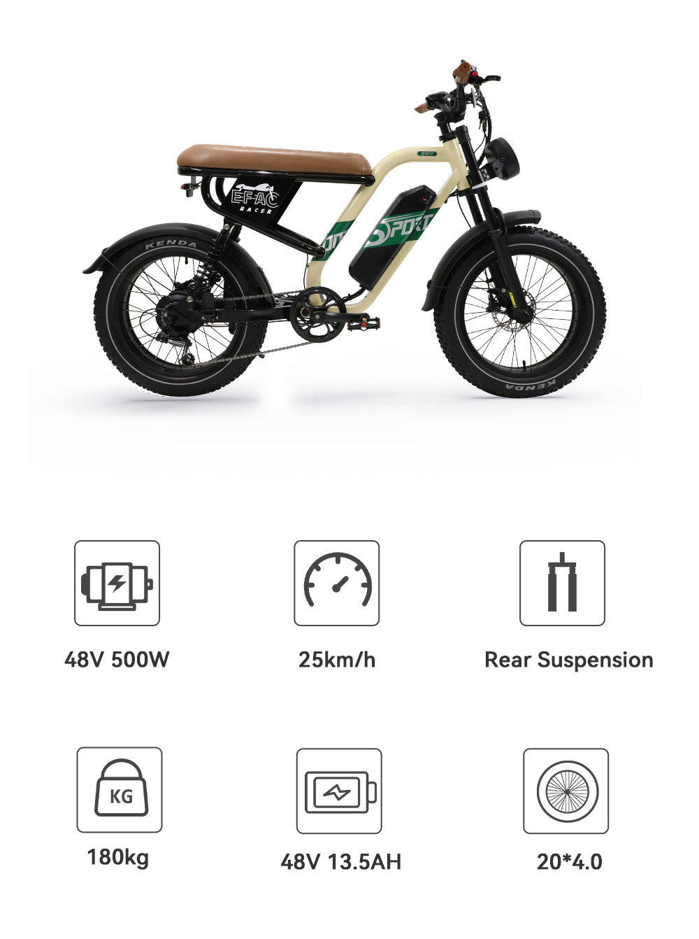 Bicicleta eléctrica ONESPORT W66, motor de 500 W, batería de 48 V y 13,5 Ah, neumáticos de 20 x 4,0 pulgadas, velocidad máxima de 25 km/h, autonomía de 100 km, frenos de disco hidráulicos delanteros y traseros, horquilla delantera con amortiguación, transmisión de 7 velocidades.