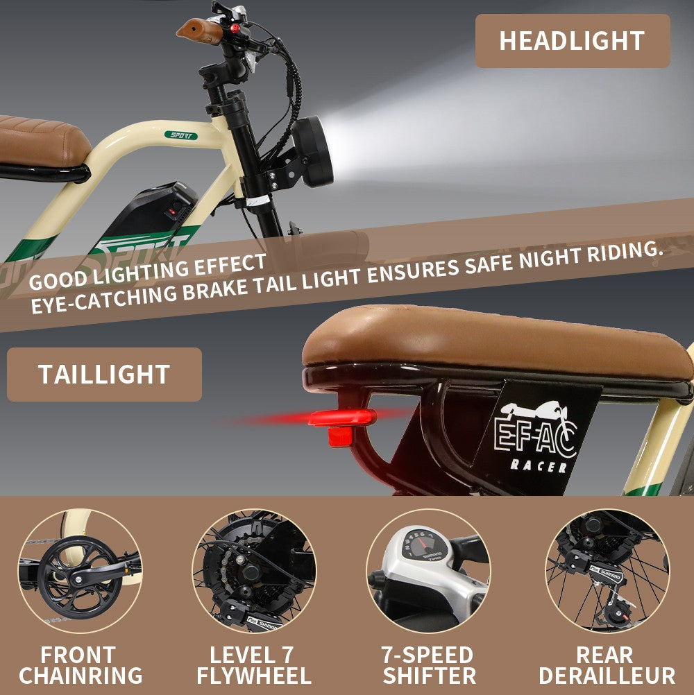 Bicicleta eléctrica ONESPORT W66, motor de 500 W, batería de 48 V y 13,5 Ah, neumáticos de 20 x 4,0 pulgadas, velocidad máxima de 25 km/h, autonomía de 100 km, frenos de disco hidráulicos delanteros y traseros, horquilla delantera con amortiguación, transmisión de 7 velocidades.