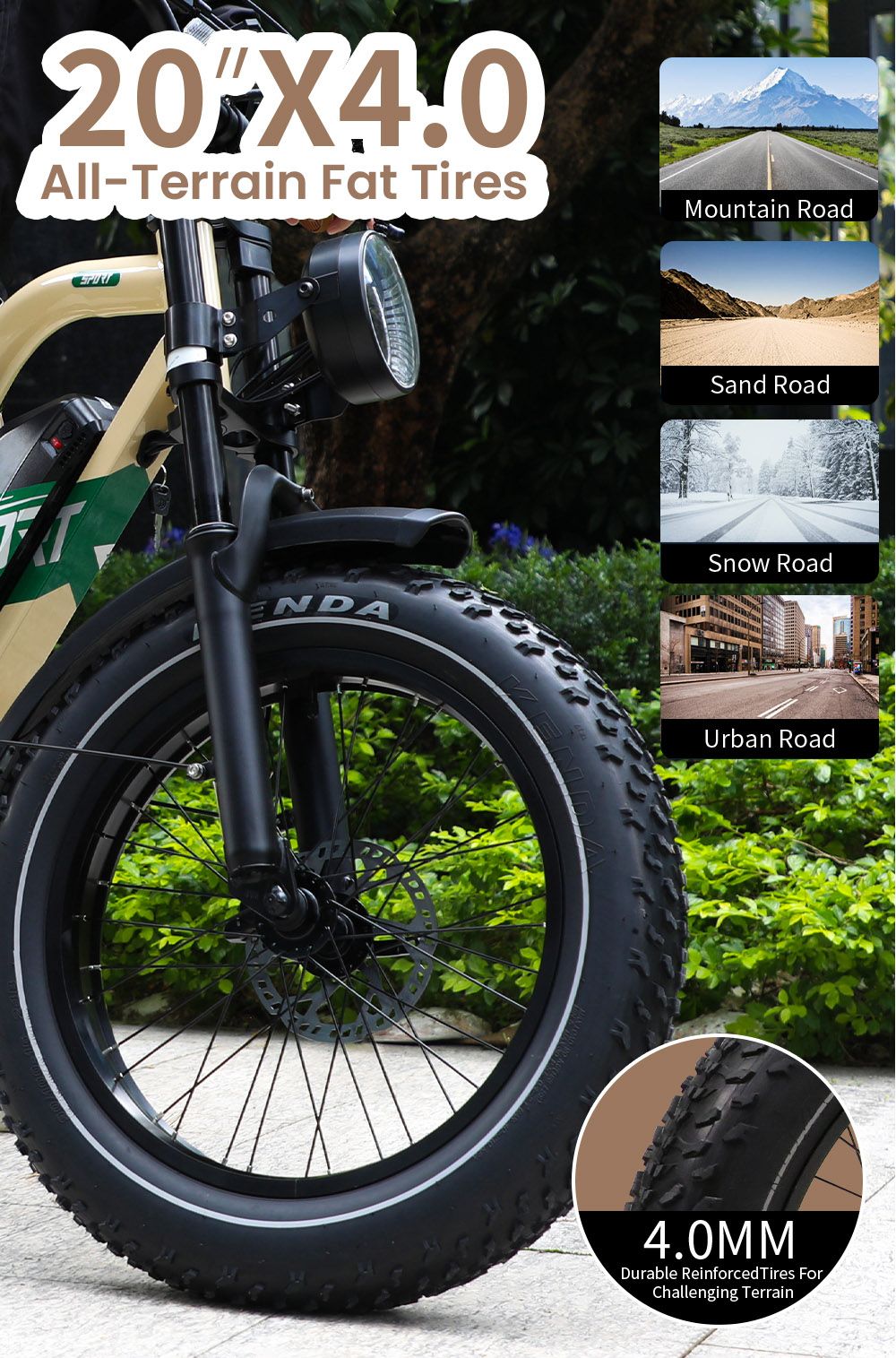 Bicicleta eléctrica ONESPORT W66, motor de 500 W, batería de 48 V y 13,5 Ah, neumáticos de 20 x 4,0 pulgadas, velocidad máxima de 25 km/h, autonomía de 100 km, frenos de disco hidráulicos delanteros y traseros, horquilla delantera con amortiguación, transmisión de 7 velocidades.