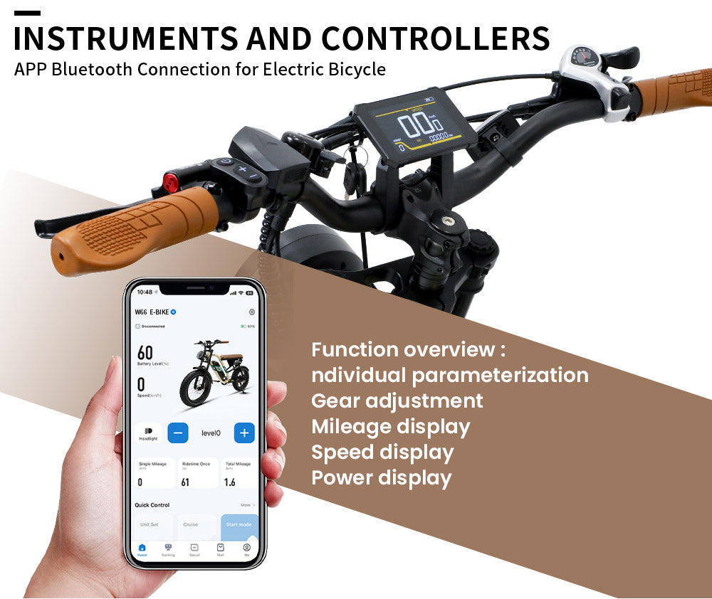 Bicicleta eléctrica ONESPORT W66, motor de 500 W, batería de 48 V y 13,5 Ah, neumáticos de 20 x 4,0 pulgadas, velocidad máxima de 25 km/h, autonomía de 100 km, frenos de disco hidráulicos delanteros y traseros, horquilla delantera con amortiguación, transmisión de 7 velocidades.