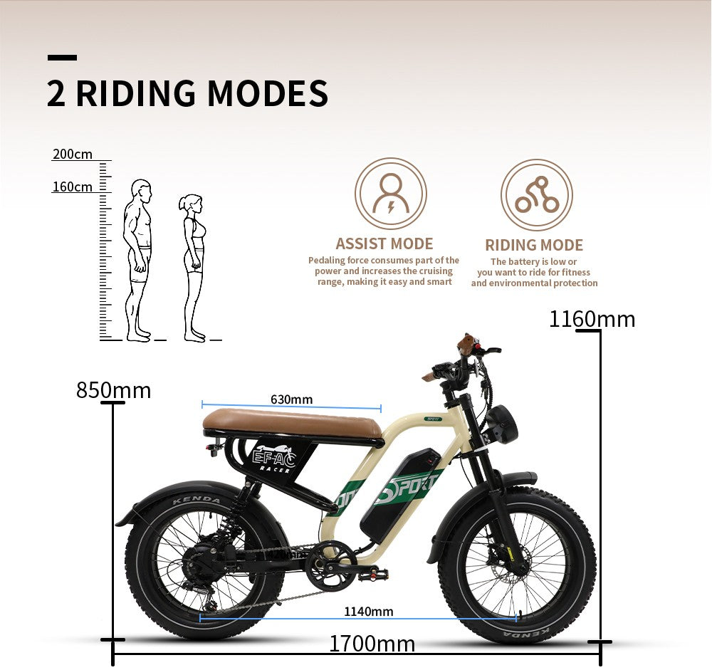 Bicicleta eléctrica ONESPORT W66, motor de 500 W, batería de 48 V y 13,5 Ah, neumáticos de 20 x 4,0 pulgadas, velocidad máxima de 25 km/h, autonomía de 100 km, frenos de disco hidráulicos delanteros y traseros, horquilla delantera con amortiguación, transmisión de 7 velocidades.