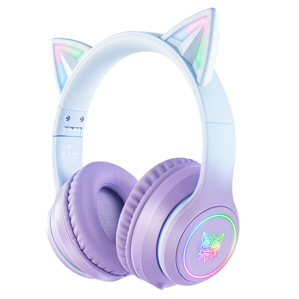 Auriculares inalámbricos Bluetooth ONIKUMA B90 con orejas de gato, luces RGB y micrófono HD.