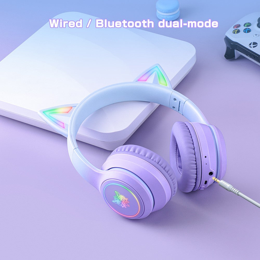 Auriculares inalámbricos Bluetooth ONIKUMA B90 con orejas de gato, luces RGB y micrófono HD.