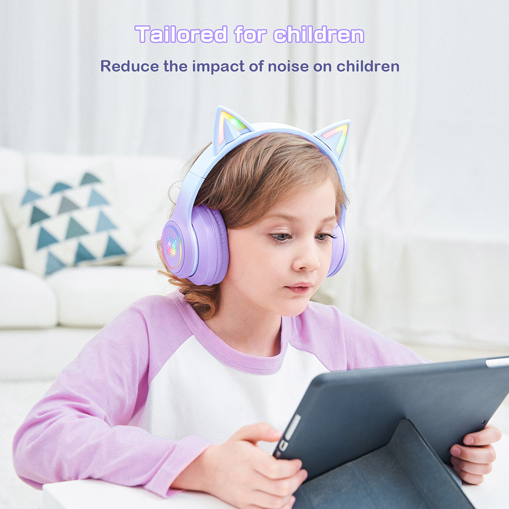 Auriculares inalámbricos Bluetooth ONIKUMA B90 con orejas de gato, luces RGB y micrófono HD.