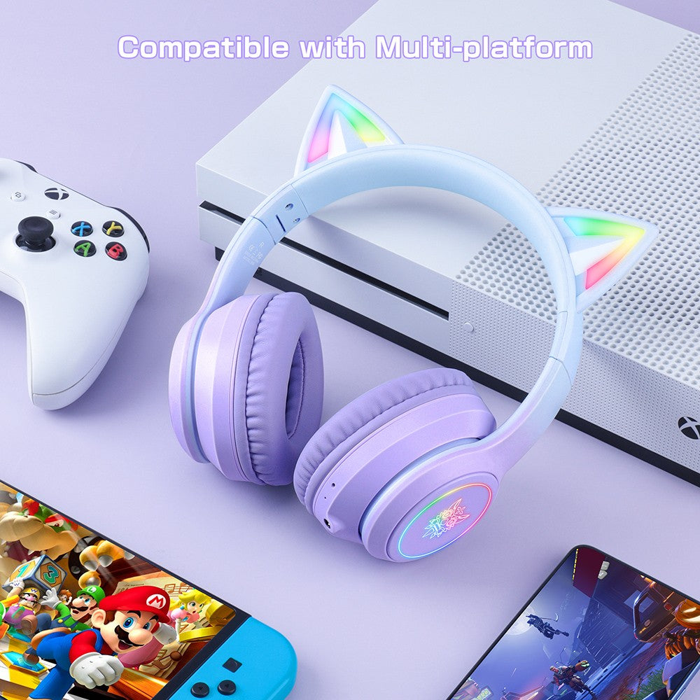 Auriculares inalámbricos Bluetooth ONIKUMA B90 con orejas de gato, luces RGB y micrófono HD.