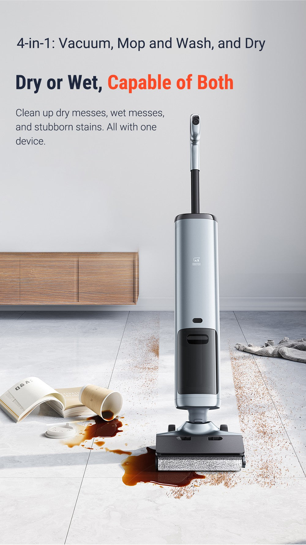 Aspiradora húmeda y seca OSOTEK H200 Horizon, autolimpieza automática, batería de 4000 mAh, depósito de agua limpia de 750 ml, ajuste inteligente de potencia, 35 minutos de autonomía, cepillo de rodillo más ancho.