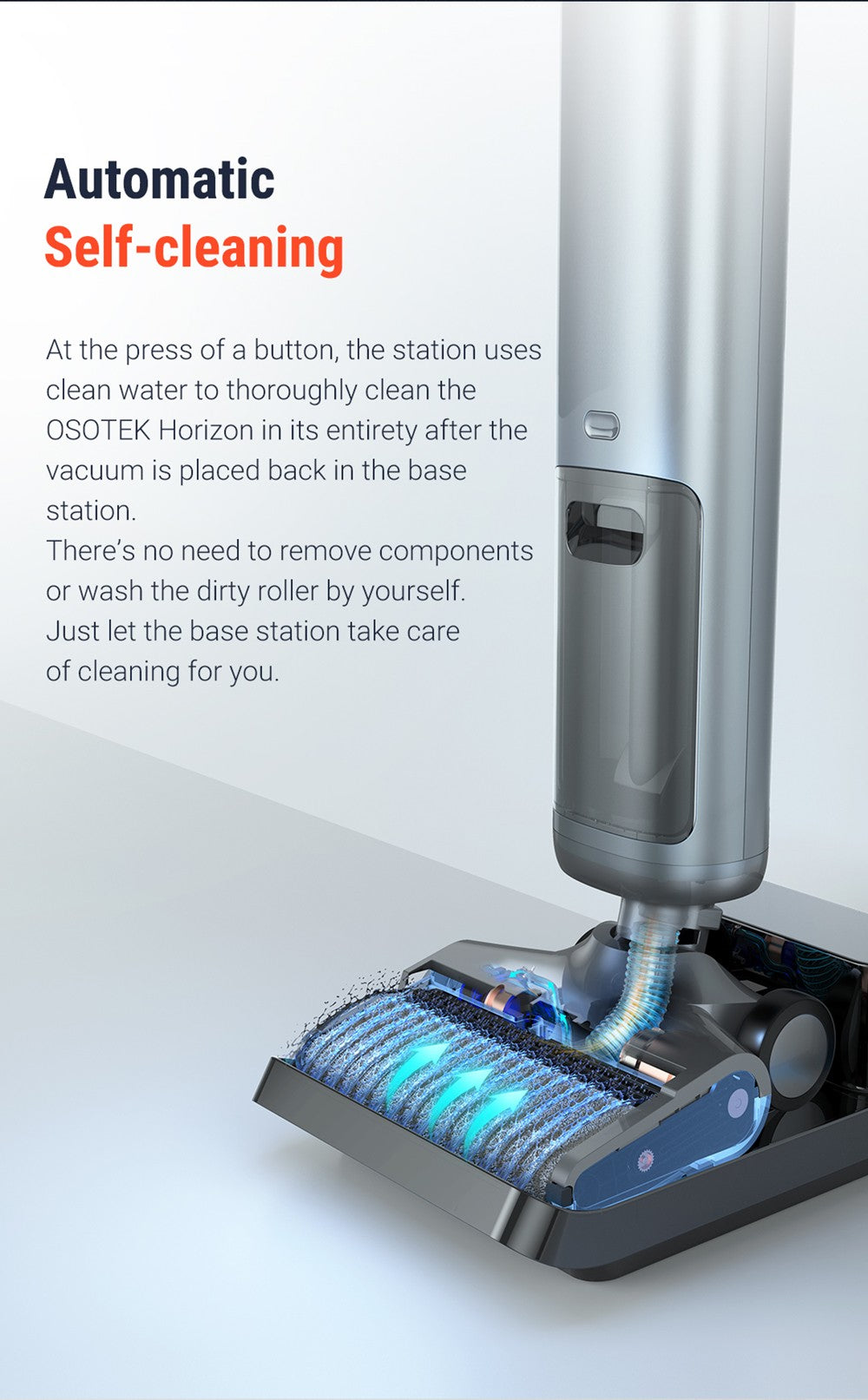 Aspiradora húmeda y seca OSOTEK H200 Horizon, autolimpieza automática, batería de 4000 mAh, depósito de agua limpia de 750 ml, ajuste inteligente de potencia, 35 minutos de autonomía, cepillo de rodillo más ancho.