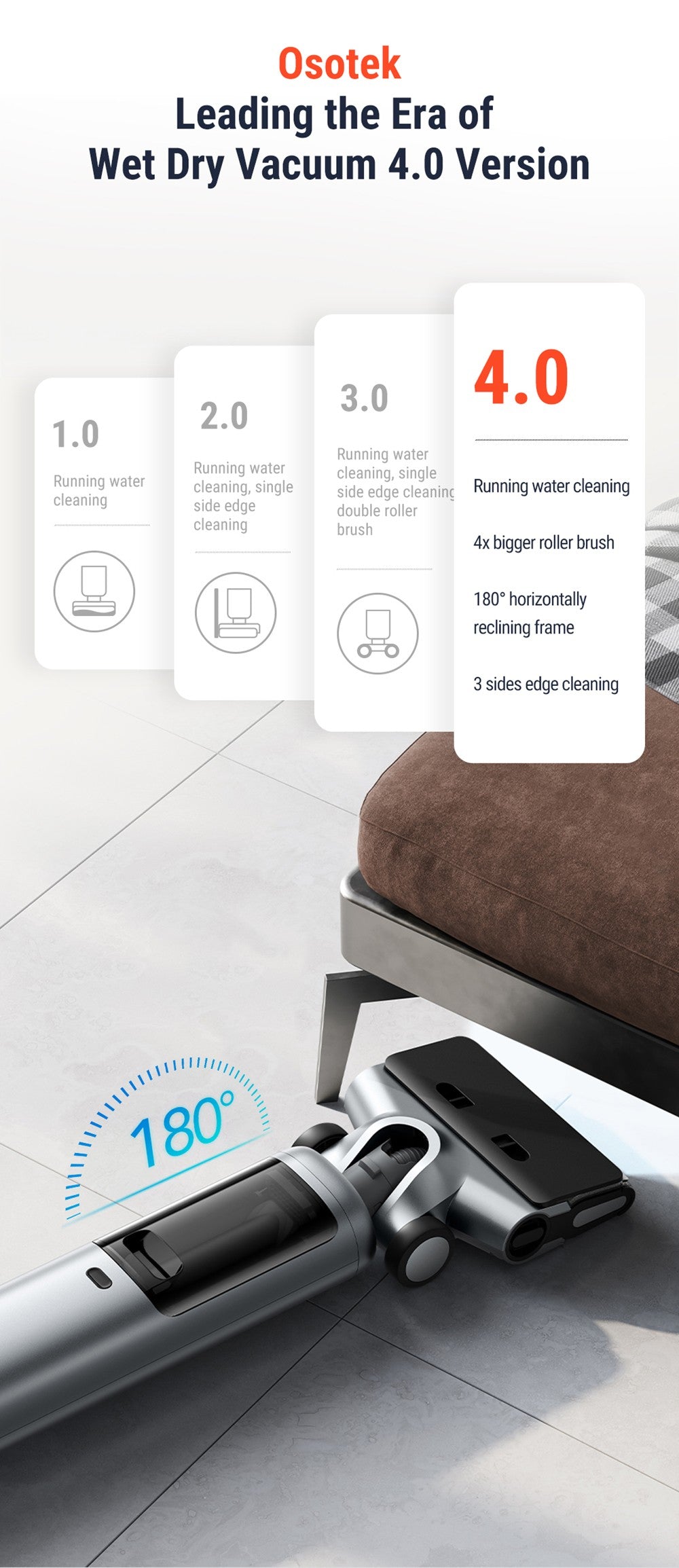 Aspiradora húmeda y seca OSOTEK H200 Horizon, autolimpieza automática, batería de 4000 mAh, depósito de agua limpia de 750 ml, ajuste inteligente de potencia, 35 minutos de autonomía, cepillo de rodillo más ancho.