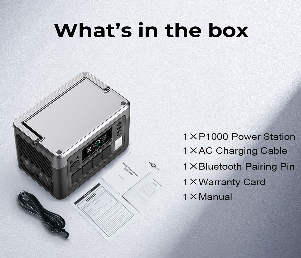 Estación de energía portátil OUKITEL P1000 PLUS, generador solar de 1800 W y 1024 Wh con batería LiFePO4, carga rápida, control inteligente mediante aplicación para exteriores, vehículos recreativos, respaldo doméstico y energía de emergencia.