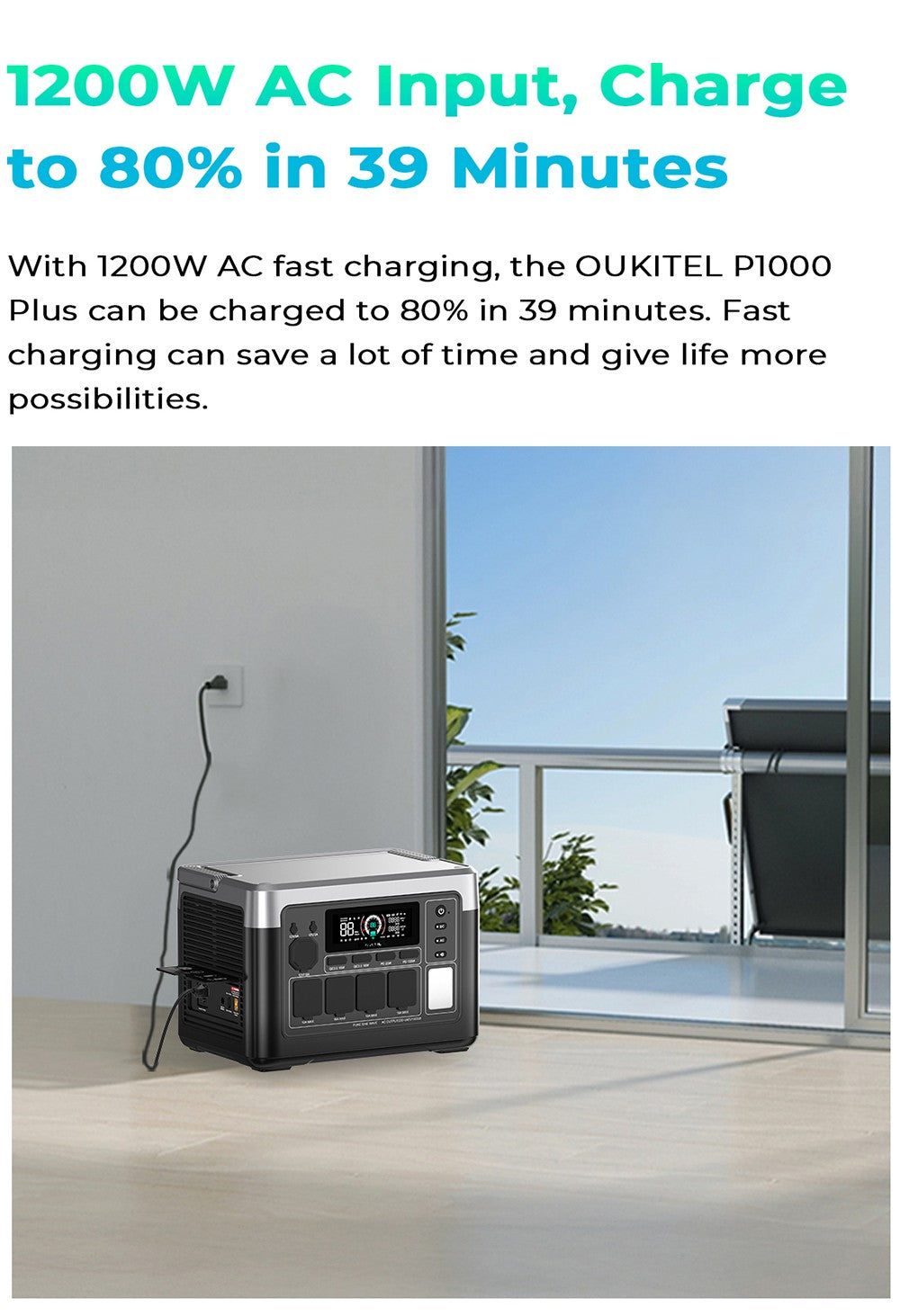 Estación de energía portátil OUKITEL P1000 PLUS, generador solar de 1800 W y 1024 Wh con batería LiFePO4, carga rápida, control inteligente mediante aplicación para exteriores, vehículos recreativos, respaldo doméstico y energía de emergencia.