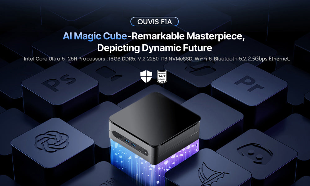 (AI PC) OUVIS F1A Mini Gaming PC, Intel AI Boost Core Ultra 5 125H 14 Cores Up to 4.5GHz, 16GB DDR5 1TB NVMe SSD, 2xHDMI2.0 Type-C 4K@60Hz Triple Display, 4xUSB 3.2, WiFi 6, 2.5Gbps LAN, TDP 65W, Best Desktop PC for Machine Learning, AI Computer