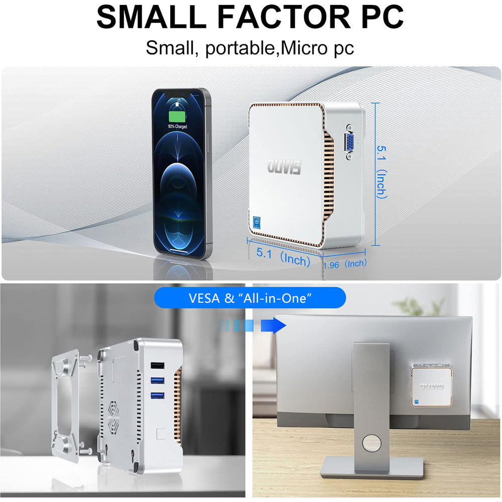 OUVIS GK3 Plus Mini PC, Intel Alder Lake N-95 Quad Core up to 3.4GHz, 16GB DDR4 RAM 512GB SSD, 2xHDMI VGA 4K@60Hz Triple Display, 2xUSB2.0 2xUSB3.0 1000Mbps LAN, 2.4/5GHz WiFi Bluetooth 4.2, with VESA - EU