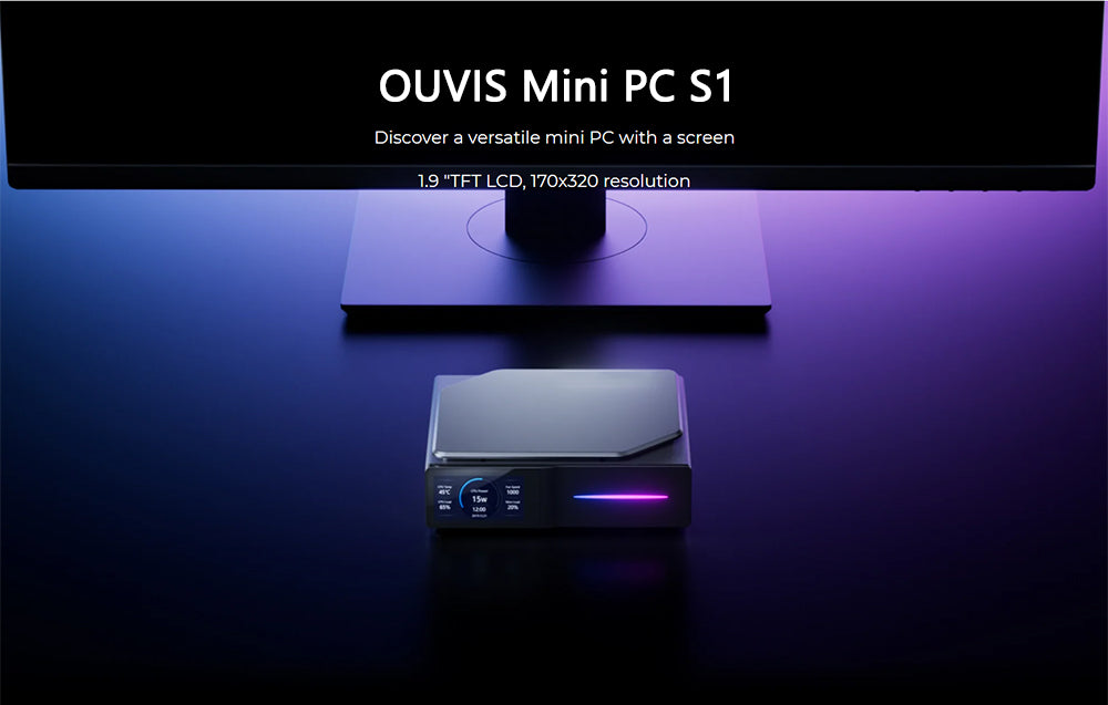 (2024 Upgraded Version) OUVIS S1 Mini PC with LCD Screen RGB Light, Intel Alder Lake N95 4 Cores Up to 3.4GHz, 16GB RAM 512GB SSD, 2*HDMI 2.0 4K HD Dual Display, WiFi 5 Bluetooth 4.2, 2*USB 3.0 2*USB 2.0 2*RJ45 - EU Plug
