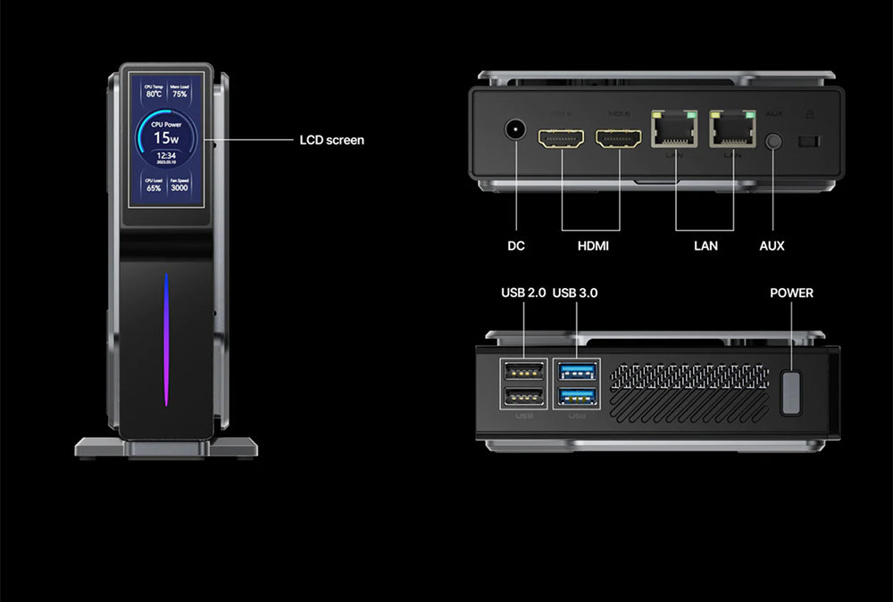 (2024 Upgraded Version) OUVIS S1 Mini PC with LCD Screen RGB Light, Intel Alder Lake N95 4 Cores Up to 3.4GHz, 16GB RAM 512GB SSD, 2*HDMI 2.0 4K HD Dual Display, WiFi 5 Bluetooth 4.2, 2*USB 3.0 2*USB 2.0 2*RJ45 - EU Plug