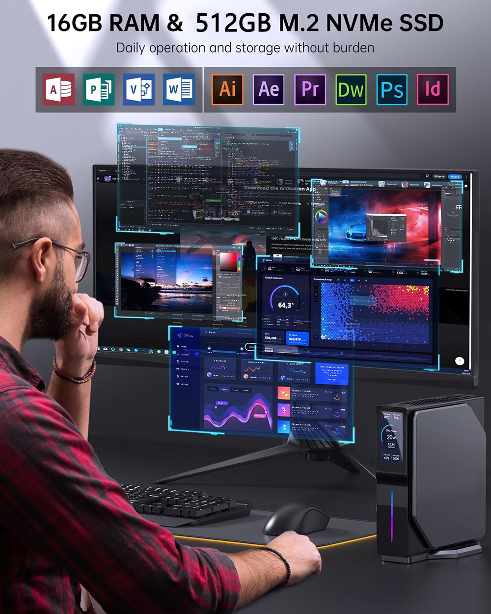 (2024 Upgraded Version) OUVIS S1 Mini PC with LCD Screen RGB Light, Intel Alder Lake N95 4 Cores Up to 3.4GHz, 16GB RAM 512GB SSD, 2*HDMI 2.0 4K HD Dual Display, WiFi 5 Bluetooth 4.2, 2*USB 3.0 2*USB 2.0 2*RJ45 - EU Plug