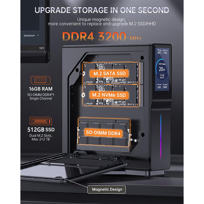 (2024 Upgraded Version) OUVIS S1 Mini PC with LCD Screen RGB Light, Intel Alder Lake N95 4 Cores Up to 3.4GHz, 16GB RAM 512GB SSD, 2*HDMI 2.0 4K HD Dual Display, WiFi 5 Bluetooth 4.2, 2*USB 3.0 2*USB 2.0 2*RJ45 - EU Plug