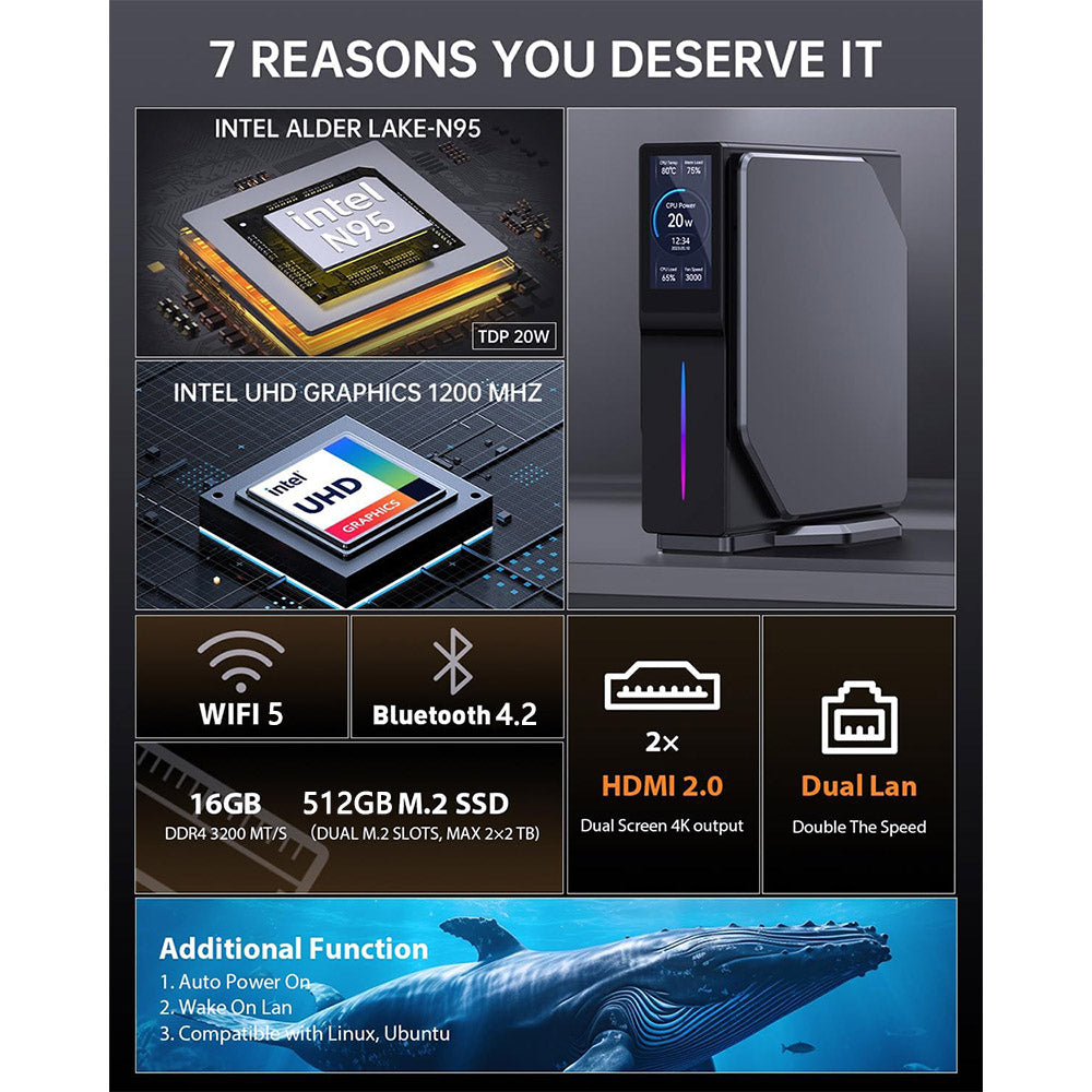 (2024 Upgraded Version) OUVIS S1 Mini PC with LCD Screen RGB Light, Intel Alder Lake N95 4 Cores Up to 3.4GHz, 16GB RAM 512GB SSD, 2*HDMI 2.0 4K HD Dual Display, WiFi 5 Bluetooth 4.2, 2*USB 3.0 2*USB 2.0 2*RJ45 - EU Plug