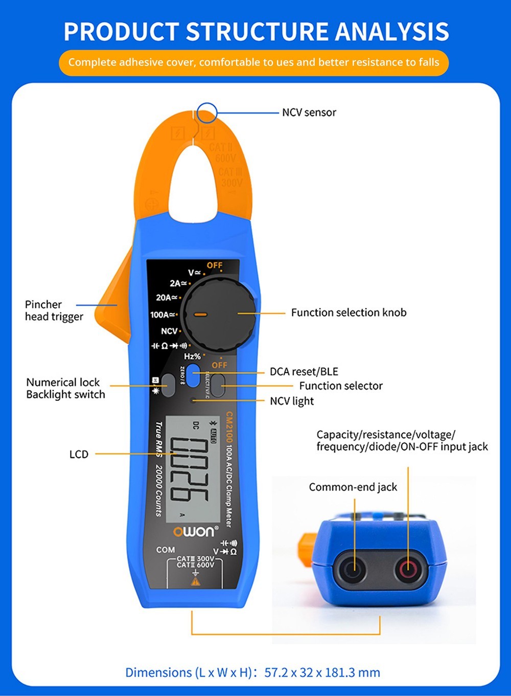 Medidor de pinza OWON CM2100, verdadero valor eficaz (True RMS) 20000 cuentas, rango automático, medición NCV/VFC/diodo.