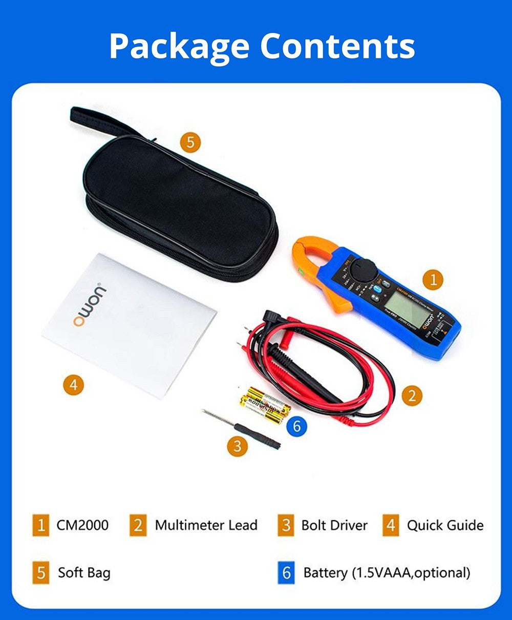 Medidor de pinza OWON CM2100, verdadero valor eficaz (True RMS) 20000 cuentas, rango automático, medición NCV/VFC/diodo.