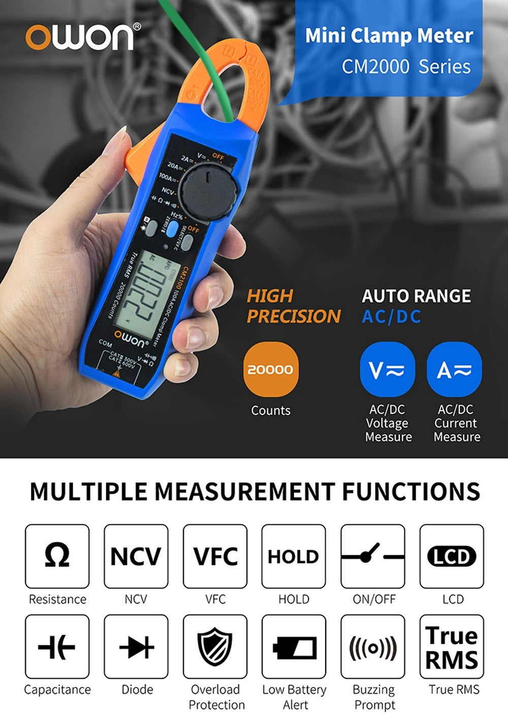 Medidor de pinza OWON CM2100B con módulo Bluetooth, verdadero valor eficaz (True RMS) de 20000 cuentas, rango automático, medición NCV/VFC/diodo, función de alarma.