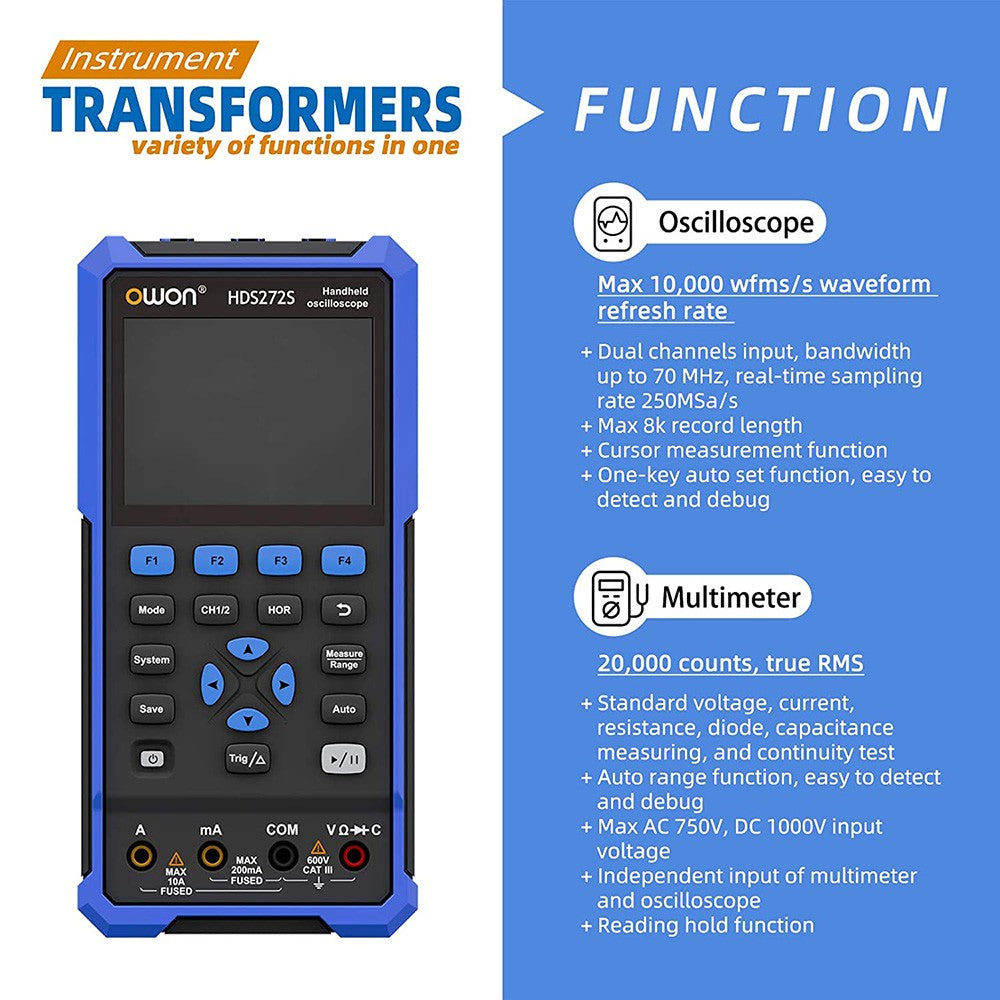 Osciloscopio digital multímetro generador de señales OWON HDS272S 3 en 1, ancho de banda de 70 MHz, frecuencia de muestreo de 250 MSa/s, 20000 cuentas - Enchufe UE